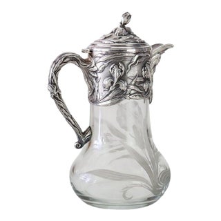 1920s Gorham Inspired Art Nouveau Floral High Relief Silver Plate & Etched Claret Jug For Sale
