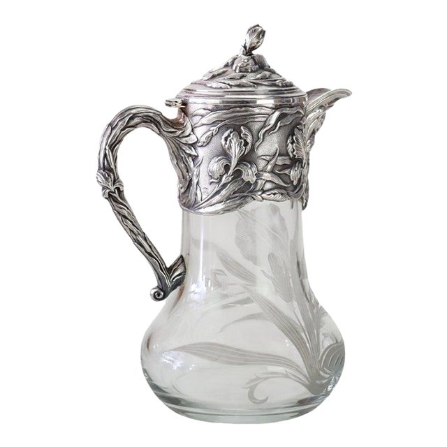 1920s Gorham Inspired Art Nouveau Floral High Relief Silver Plate & Etched Claret Jug For Sale