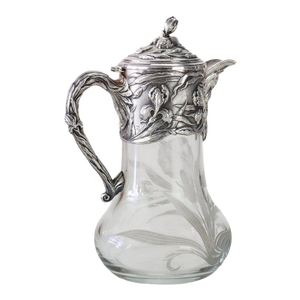 1920s Gorham Inspired Art Nouveau Floral High Relief Silver Plate & Etched Claret Jug