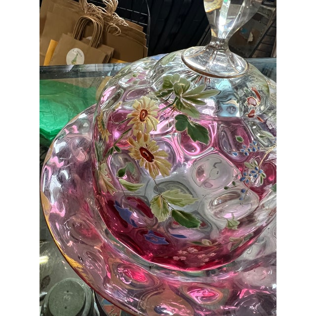 Mid-Century Modern 1970s Beautiful Pink Glass Cake Cover and Plate With Floral Accents For Sale - Image 3 of 9