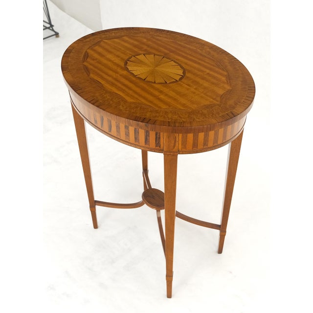 Fine Inlaid Oval Top Adams Style Tapered Legs Lamp Side Table Stand MINT For Sale - Image 10 of 12