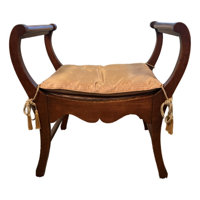Late 20th Century Empire Revival Mahogany Side Bench With Striped Cushion and Tassel Ties For Sale