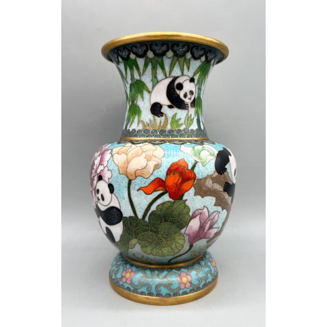 Late 20th Century 20th Century Chinese Cloisonné Panda & Bamboo Urn Vase – Chinoiserie / Asian For Sale - Image 5 of 16