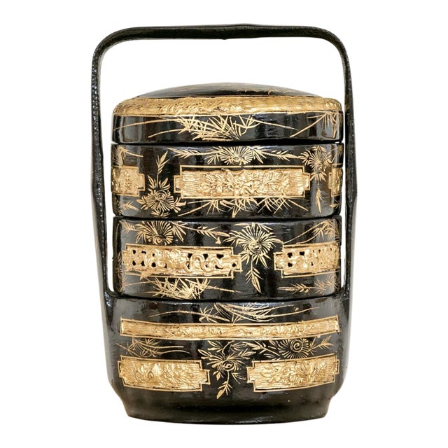 Antique Chinese Black Lacquered Three-Tiered Wedding Basket For Sale