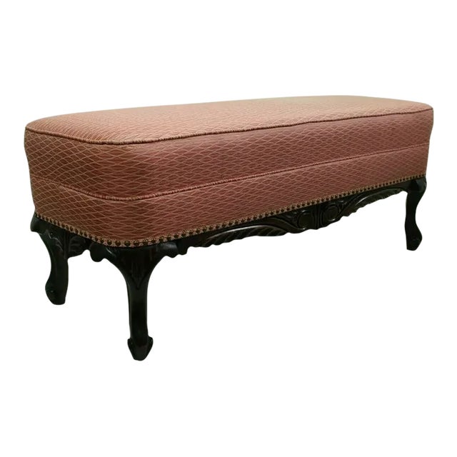 Carved Window Bench With Pink Upholstery 1930 For Sale