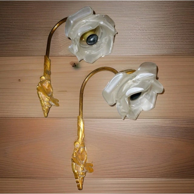 Glass 1910 French Art Nouveau Gilt Bronze Dragonfly Wall Sconces Satin Glass Rose Shades a - Pair For Sale - Image 7 of 12
