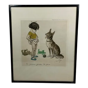 Vintage Georges Redon Framed “Tu Pourrais Garder Tes Puces”(You Can Keep Your Fleas) Print of a Girl and Her Dog From France - Circa 1927