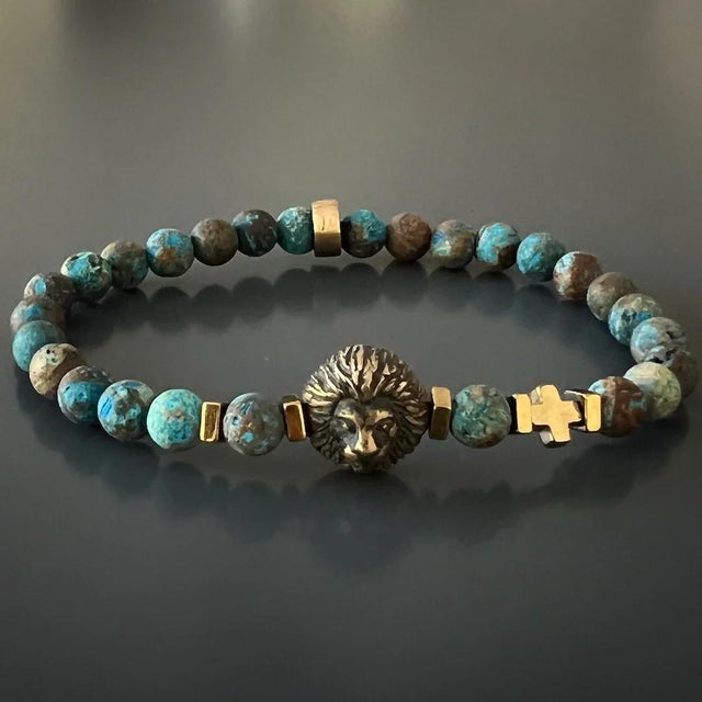 Turquoise Lion Men's Beaded Bracelet For Sale - Image 4 of 11