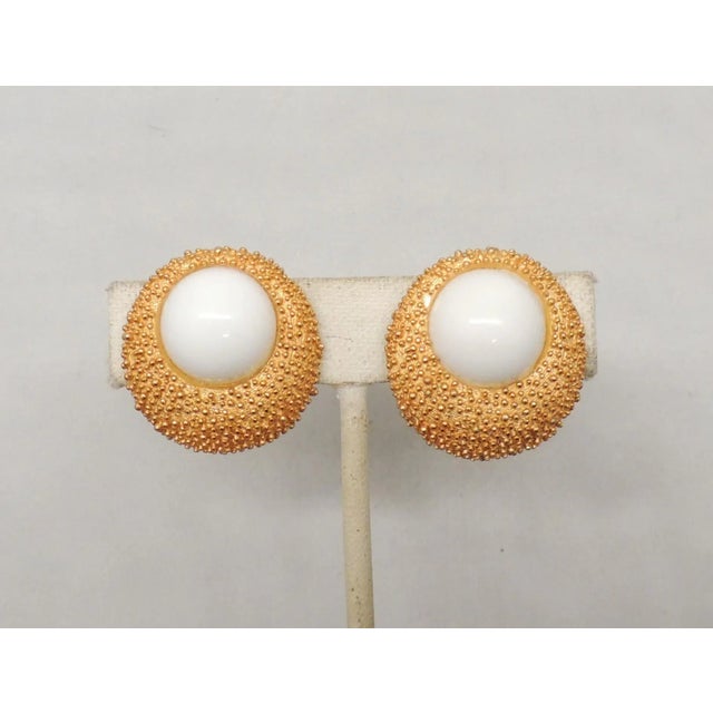 Mid-Century Modern Vintage Signed Crown Trifari Goldtone Round Textured White Cabochon Earrings - 2 Pieces For Sale - Image 3 of 7