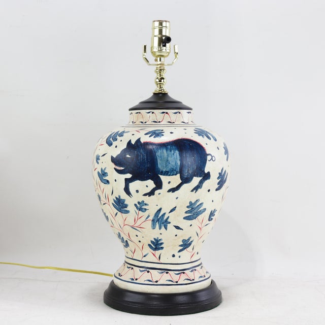 Pair of Vintage Brunschwig & Fils Cadiz Table Lamps - Blue and Cream Ceramic With Boar and Deer Motif For Sale - Image 11 of 17
