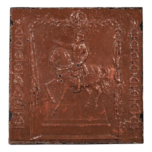Antique Napoleon on Horseback Cast Iron Fireback with Brown Enamel Finish For Sale