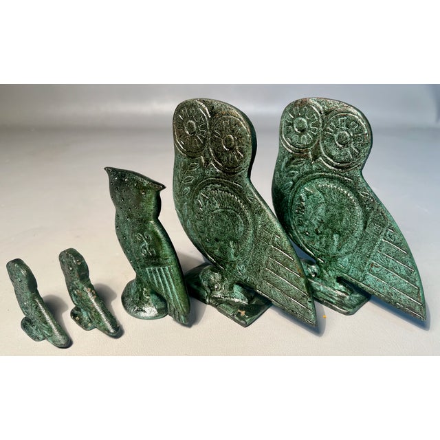 A Bronze Owl Family of 5 From Greece by C.Sclavenitis Greek Coin Pattern For Sale In Providence - Image 6 of 6