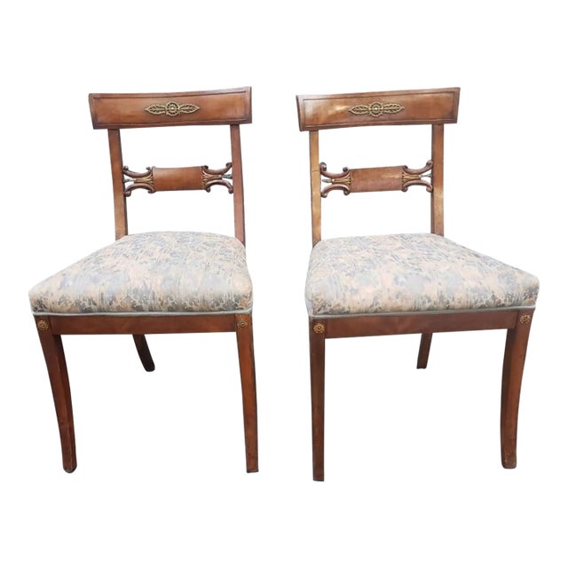 Pair of 19th Century Empire Ormolu Mounted, Partial Gilt Mahogany and Upholstered Side Chairs For Sale