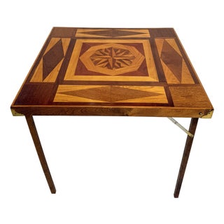 Vintage Handcrafted Folding Game Table With Marquetry Compass Star Top For Sale