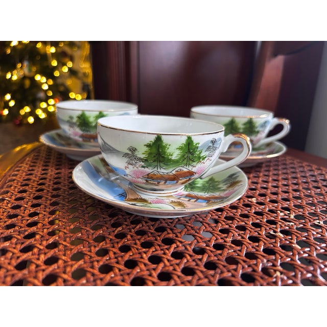 Japanese 1930s Japanese Kutani Lithophane Cup & Saucer Set of 3 Taisho Showa Fuji Signed For Sale - Image 3 of 12