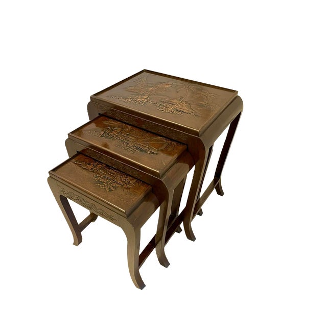 Antique Carved Teak Nesting Tables, 1920, Set of 3 For Sale