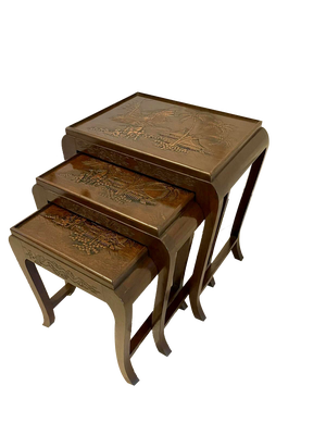 Antique Carved Teak Nesting Tables, 1920, Set of 3