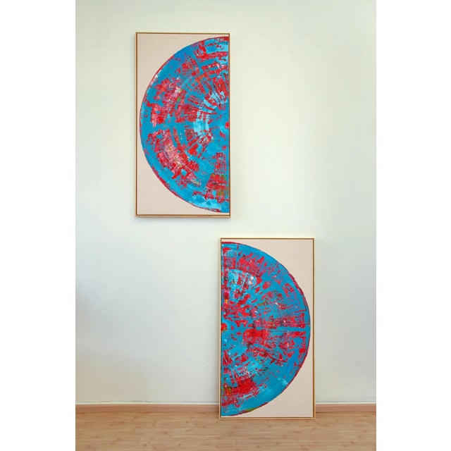 2020s Cyan Red Circle Diptych, Contemporary Painting on Canvas, Framed For Sale - Image 5 of 12