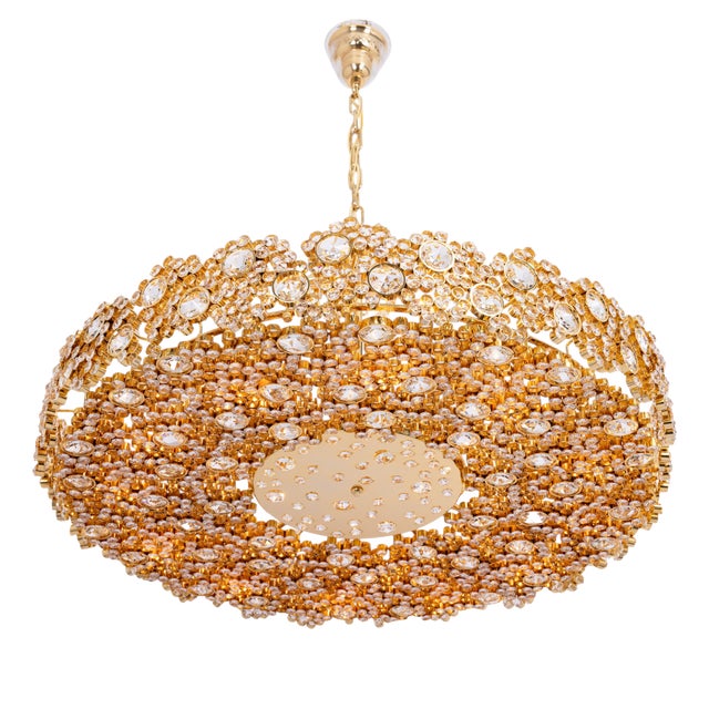 Large Gilt Brass and Crystal Glass Encrusted Chandelier from Palwa, Germany, 1970s For Sale