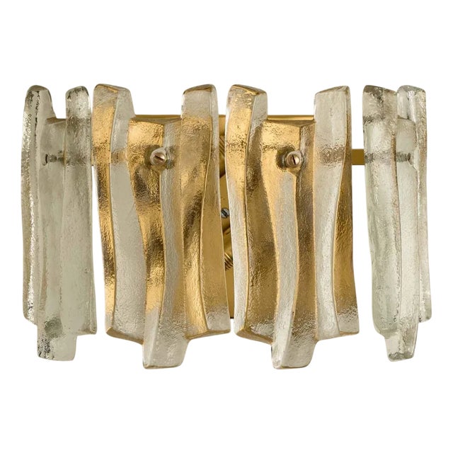 Textured Ice Glass and Brass Wall Light attributed to Kalmar, 1970s For Sale