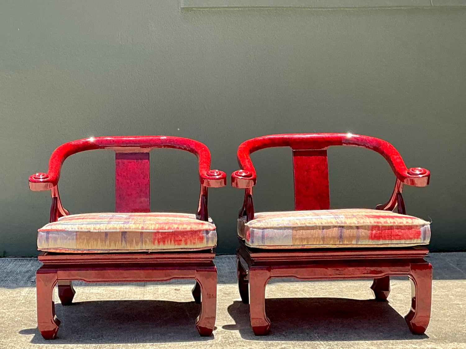 Vintage Candy Apple Lacquer Horseshoe Chairs After James Mont - A Pair - Side view