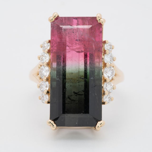 15.1Ct Bi-Color Tourmaline Ring With Earth Mined Diamond Accents: Solid 14k Gold, Size 6.75 For Sale - Image 4 of 8