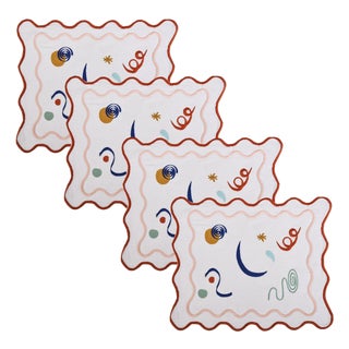 Misette Celestial Embroidered Linen Placemats in Red/Pink, Set of 4 For Sale