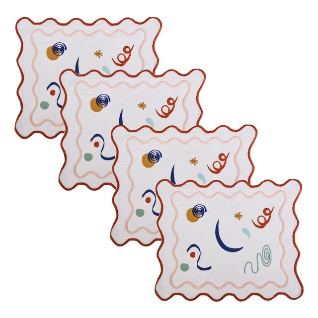 Misette Celestial Embroidered Linen Placemats in Red/Pink, Set of 4 For Sale