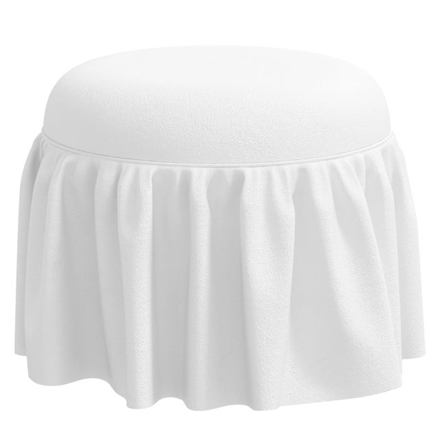 Traditional Skirted Round Ottoman in Velvet White For Sale - Image 3 of 4