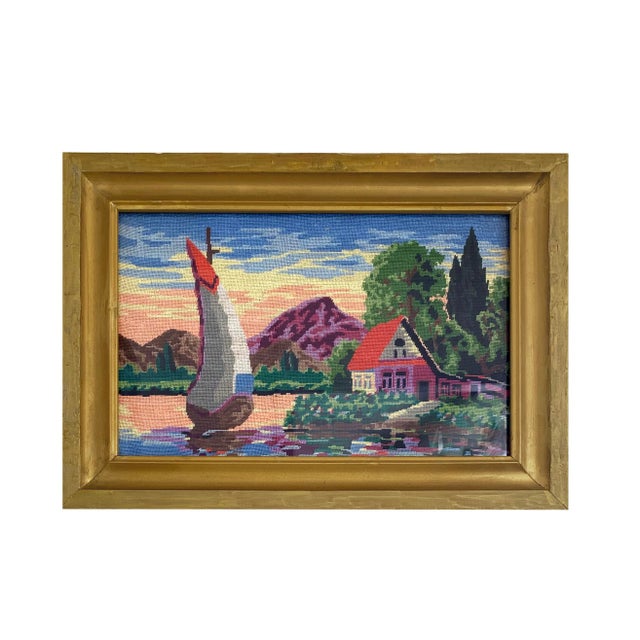 A pair of two beautiful, intricately made vintage needlepoint landscapes, in coordinating gilt frames with a beautiful...