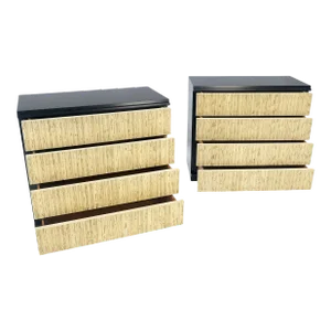 Black Lacquer 4 Drawers "Linen Fold" Fronts Bachelor Chests Dressers - A Pair