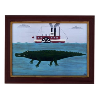 Matt Rix, Naïve Style River Scene with Alligator and Paddle Steamer, Print, Framed For Sale