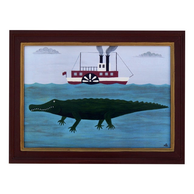 Matt Rix, Naïve Style River Scene with Alligator and Paddle Steamer, Print, Framed For Sale