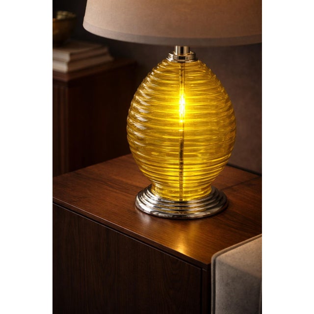 Late 20th Century Vintage Citron Ribbed Glass Table Lamps With Chrome Bases & Green-Lined Shades - a Pair For Sale - Image 5 of 6