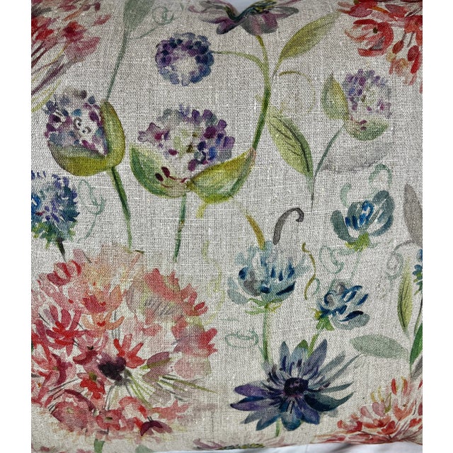 Textile 20" Square Decorative Throw Pillow Decorated With a Rich Pink, Purple and Blue Floral Pattern With a Watercolor-Like Appearance - Made in the U K For Sale - Image 7 of 12