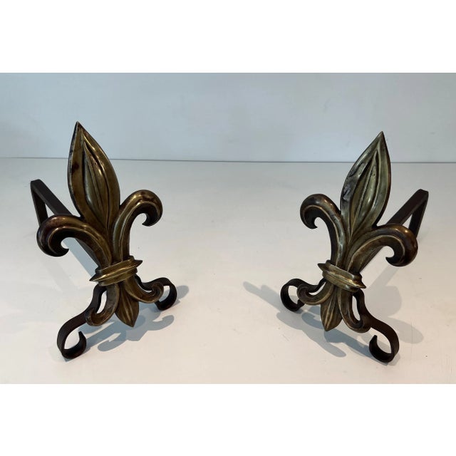 Metal 1940s Bronze and Wrought Iron Andirons With a Fleur-de-lys - a Pair For Sale - Image 7 of 12