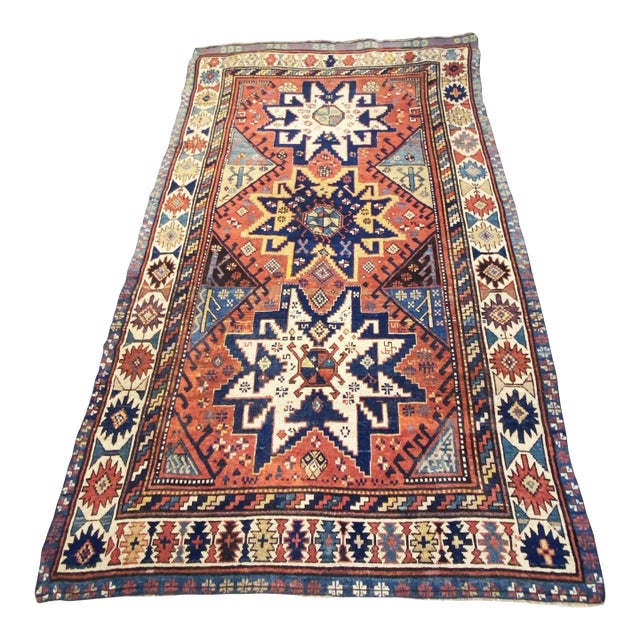 Rare 19th C Antique Tribal Caucasian Star Kazak Rug 7' 10" by 4'10" For Sale