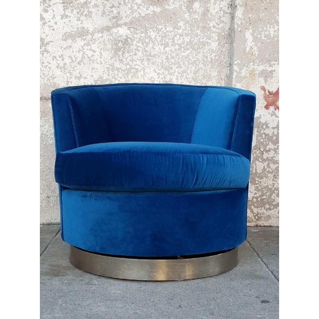 Vintage Blue Velvet Swivel Barrel Chair Chairish