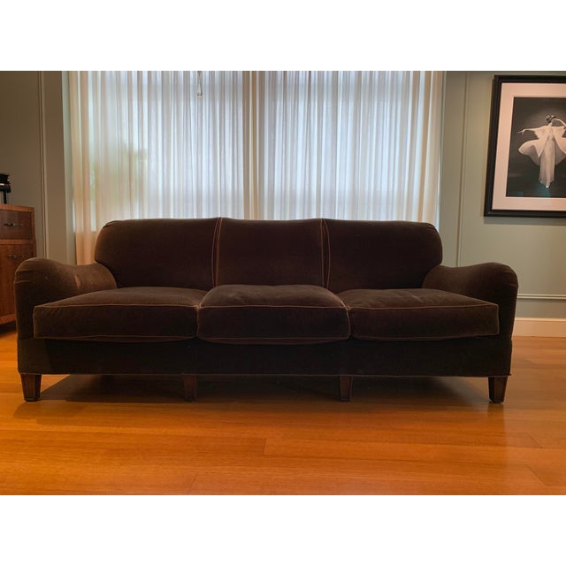 Transitional Three Seat Sofa in Brown Mohair Two Available Schumacher Fabric #51531 "Bark" No Skirt w Tapered legs 50/50...