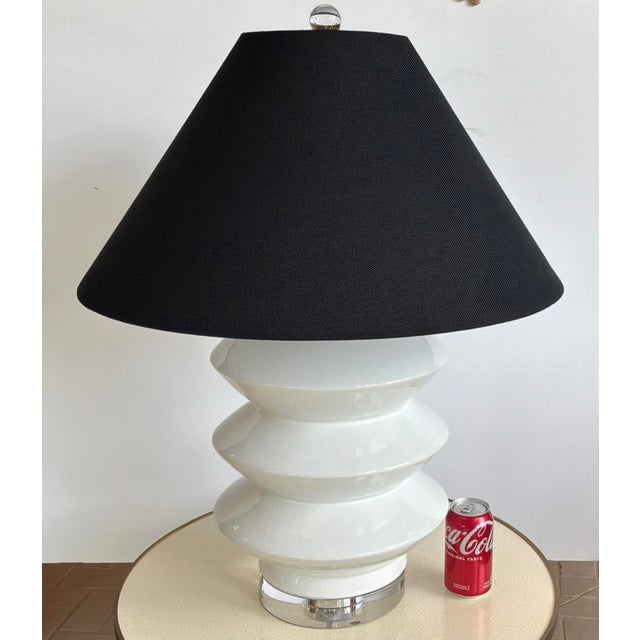 Stylish Modern Large White Beehive Table Lamp, crystal base, black linen shades, showroom floor sample