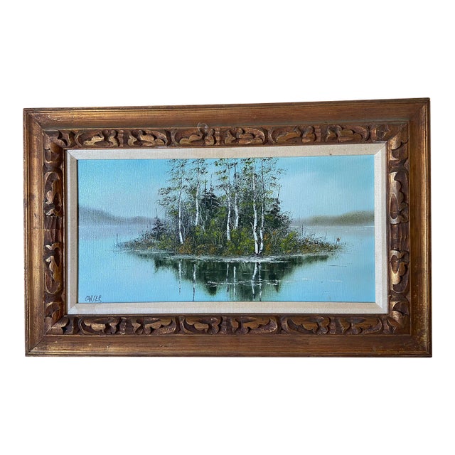 1960s Lake Scene with Trees Original Oil Painting on Canvas Signed Carter, Framed For Sale