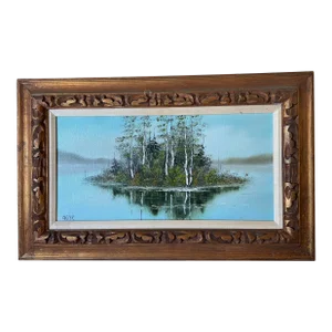 1960s Lake Scene with Trees Original Oil Painting on Canvas Signed Carter, Framed