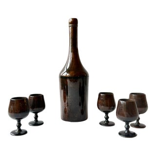 Decorative Mid-Century Modern Hand Turned Cordial Decanter With 5 Cups For Sale