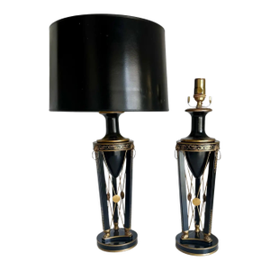 Pair French Empire Black & Gold Tole Table Lamps
