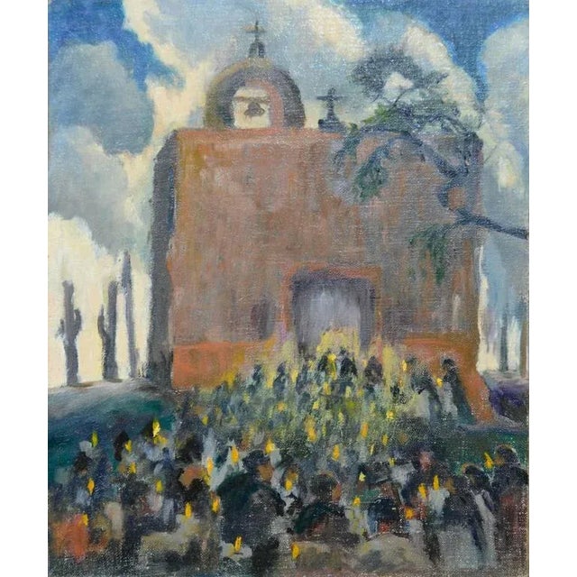1940 "Candlelight Service, Mexico" Expressionist Style Figurative Oil Painting For Sale