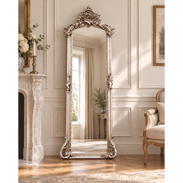 1980 European Artisan Baroque Silver Wood Floor Mirror For Sale - Image 15 of 18