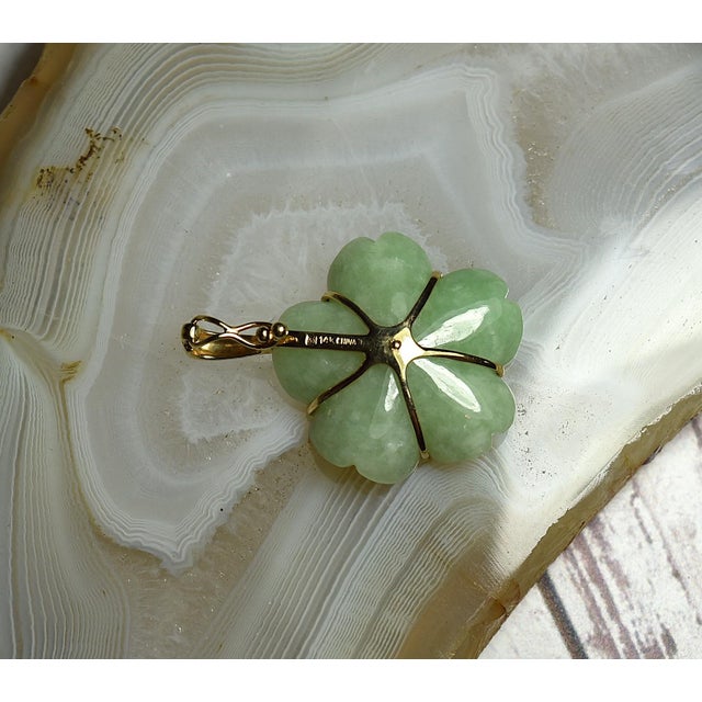 14k Gold Carved Green Jade Flower Pendant Enhancer For Sale - Image 12 of 16
