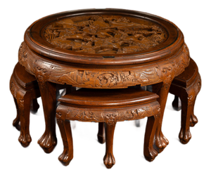 Antique Carved Chinese Nesting Tea Table With Four Stools