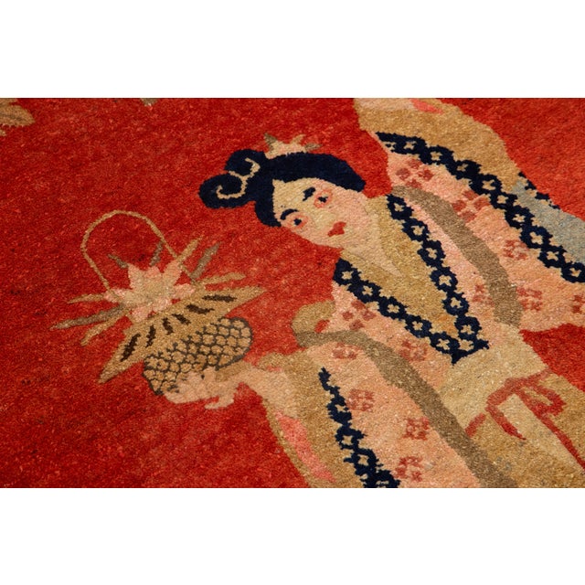 Textile Antique Chinese Pictorial Scatter Wool Rug Handmade in Red For Sale - Image 7 of 9