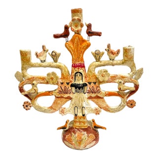 Vintage Handmade Mexican Folk Art Ceramic Candelabra Candle Tree Birds Rabbits For Sale